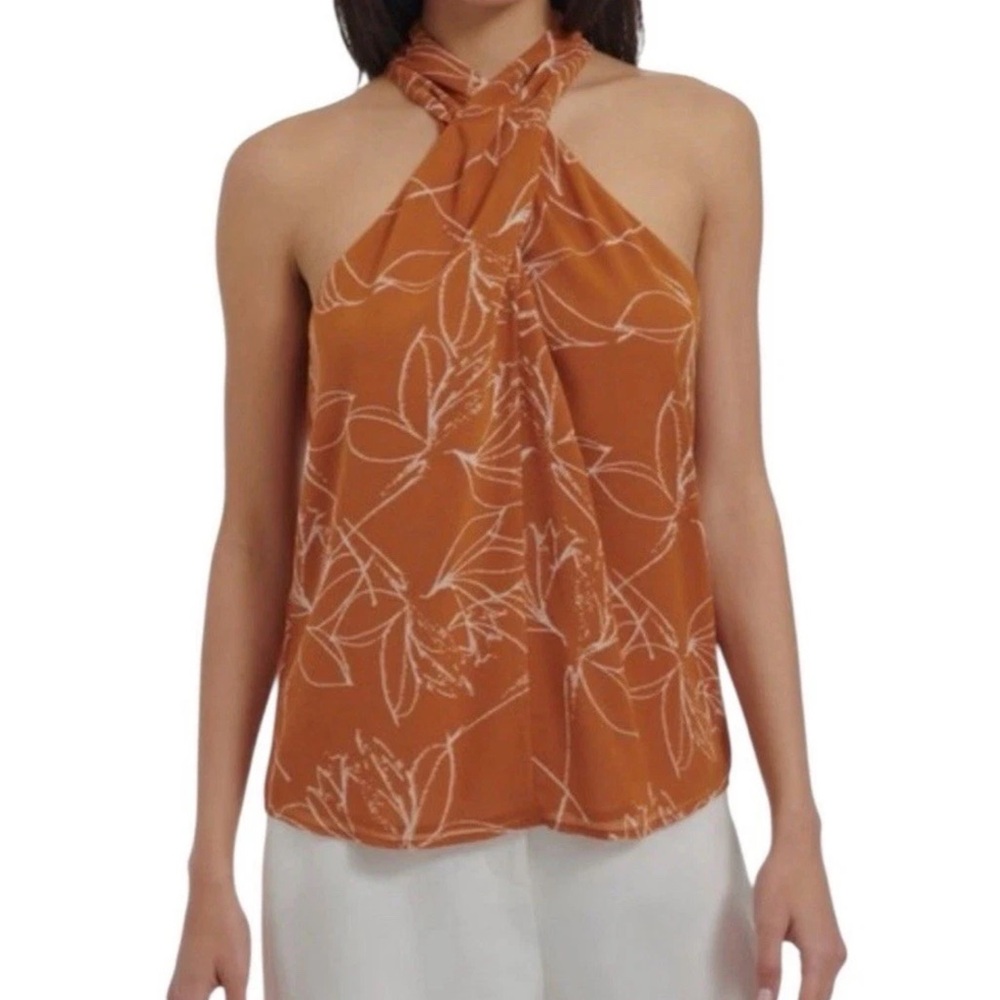 Calvin Klein Women’s Printed Crisscross  Terra/Cream Halter Top XS